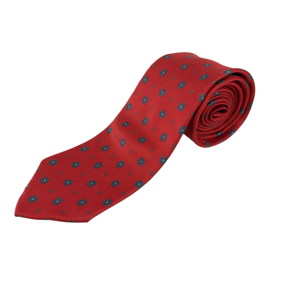 Baskin Red Geometric Medallion Print Silk Necktie Pointed Made in Italy